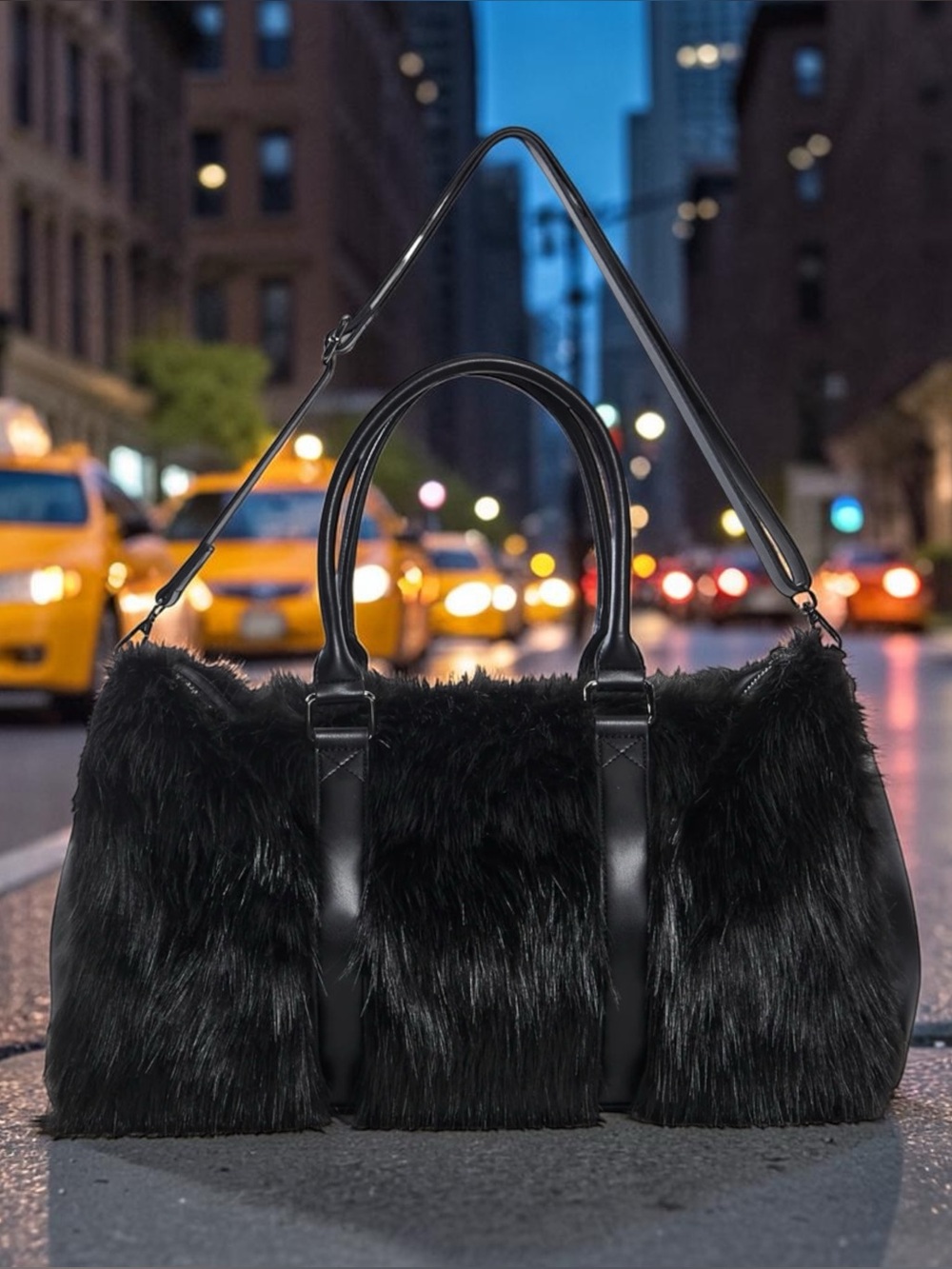 Faux fur weekender bag double handles removable strap NEW black